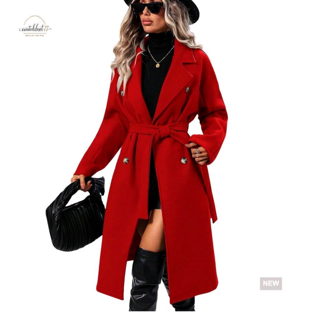 Wool Blend Pea Coat Double Breasted Notch Lapel Long Trench Coat